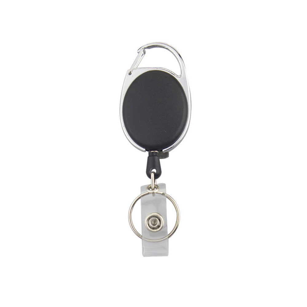 Picture of Black Retractable Pull Key Ring ID Badge Lanyard Name Tag Card Holder Recoil Reel Belt Clip Metal Housing Plastic Cover