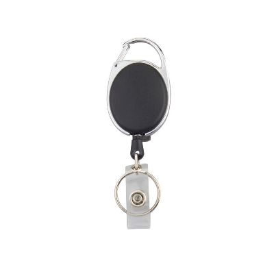 Picture of Black Retractable Pull Key Ring ID Badge Lanyard Name Tag Card Holder Recoil Reel Belt Clip Metal Housing Plastic Cover