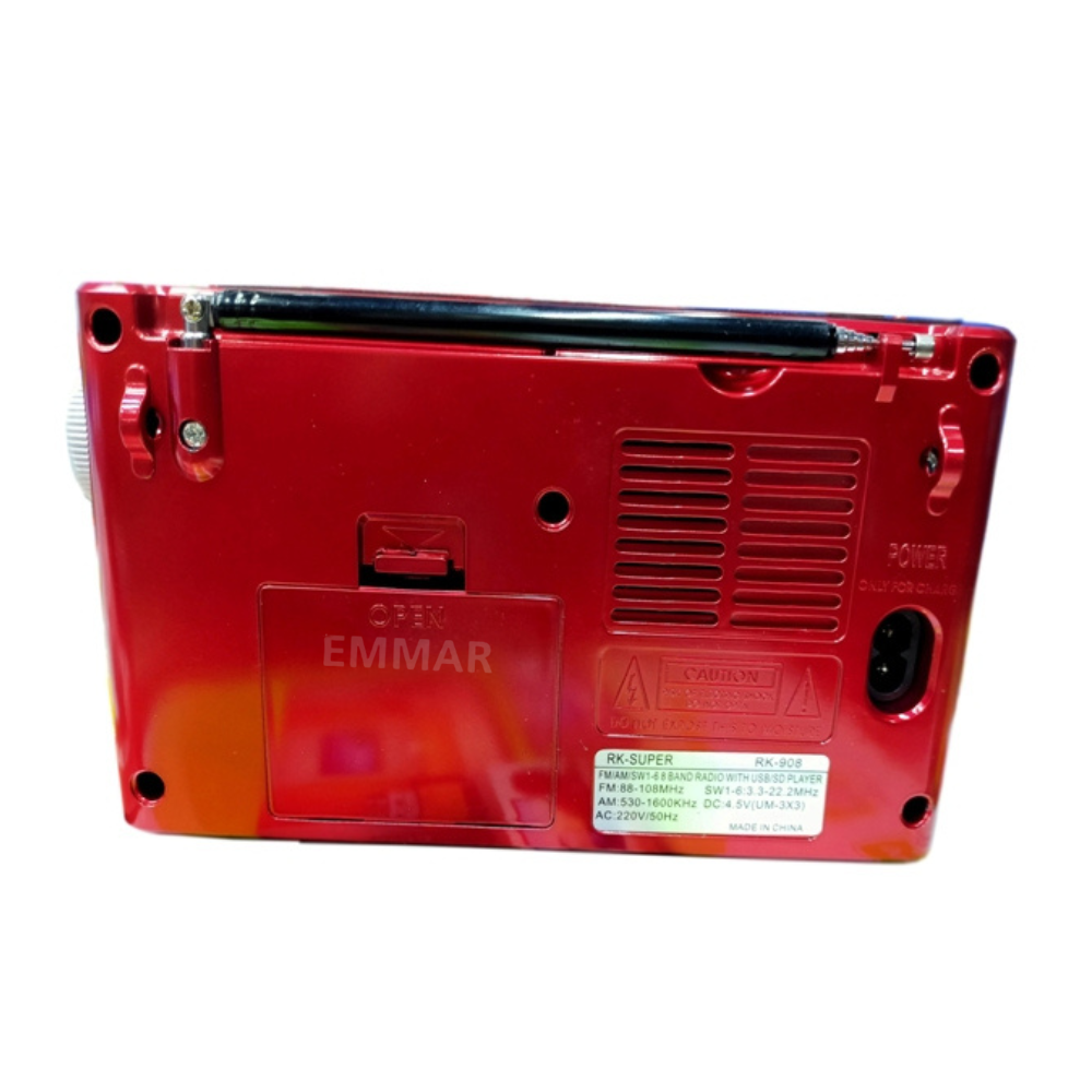 Picture of RK-SUPER RK-908 USB SD Player Torch Light AM FM SW 3-Band Radio - Red