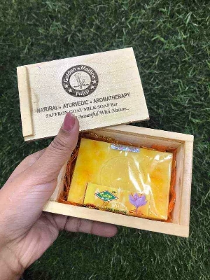 Picture of Real Saffron Goat Milk Soap Bar Wooden Box Original