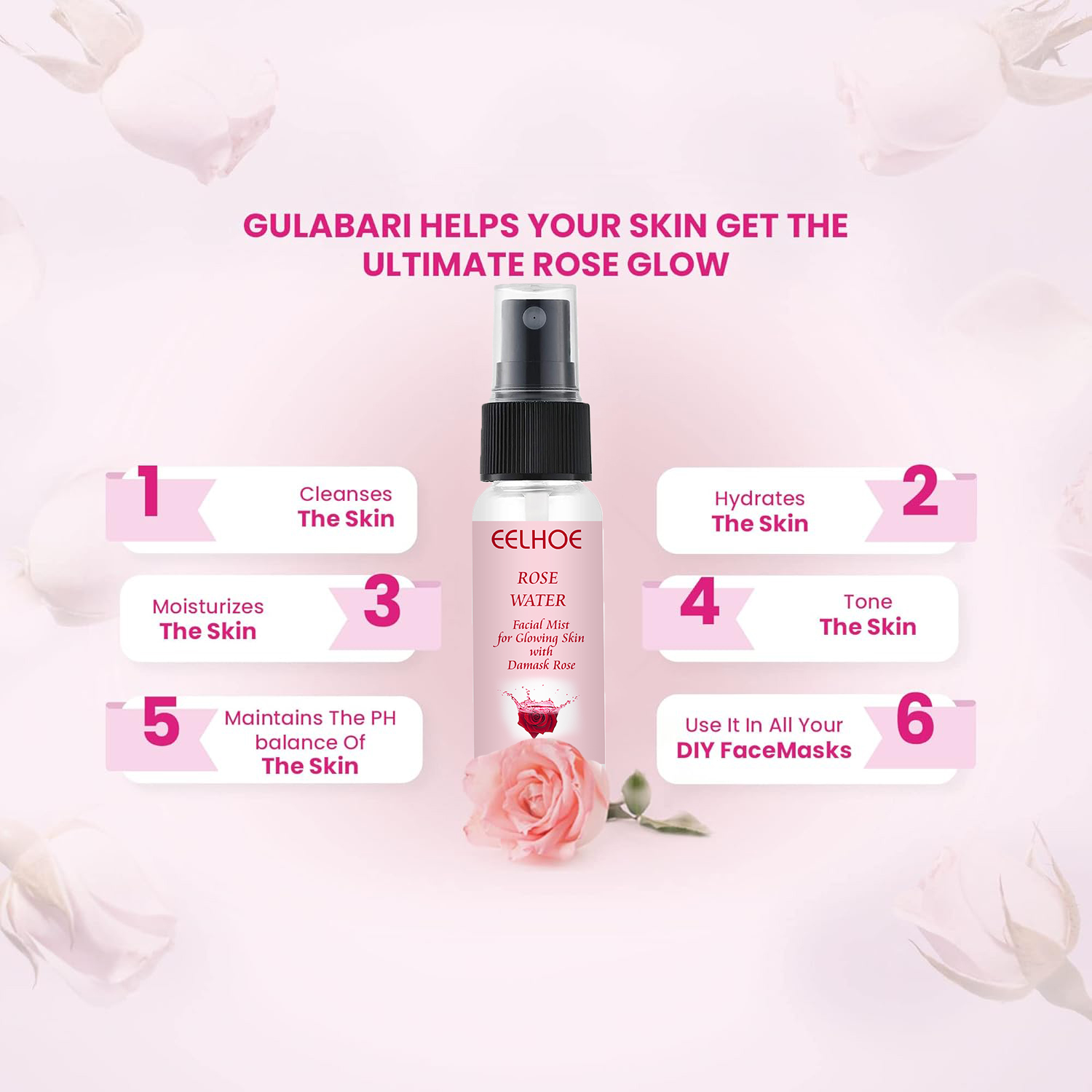 Picture of ROSE WATER TONER by EELHOE Glycerin Hydrating Facial Mist - Dry Combination Skin Care 100% Organic Natural Moroccan Rosewater (Chemical Free)