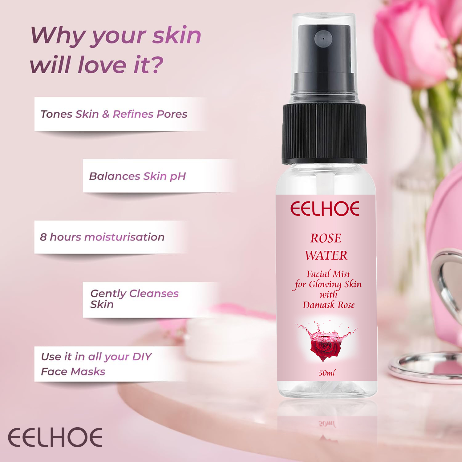 Picture of ROSE WATER TONER by EELHOE Glycerin Hydrating Facial Mist - Dry Combination Skin Care 100% Organic Natural Moroccan Rosewater (Chemical Free)