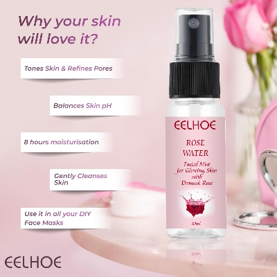 Picture of ROSE WATER TONER by EELHOE Glycerin Hydrating Facial Mist - Dry Combination Skin Care 100% Organic Natural Moroccan Rosewater (Chemical Free)