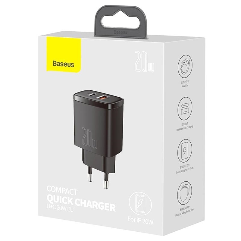 Picture of Baseus Compact Quick Charger 20W With Dual Port U+C Fast Charging Wall Adapter EU Plug For iP 20W (Without Cable)