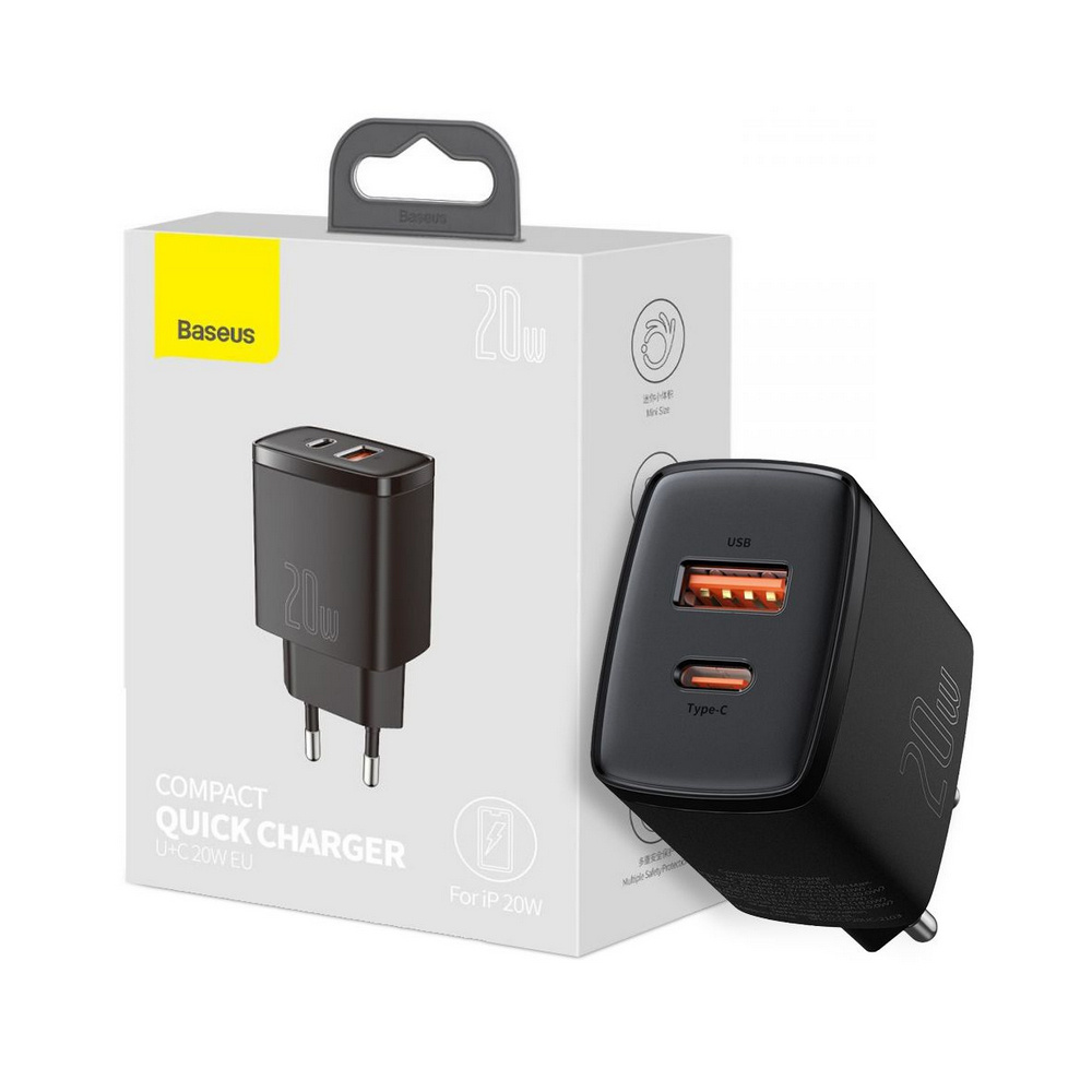 Picture of Baseus Compact Quick Charger 20W With Dual Port U+C Fast Charging Wall Adapter EU Plug For iP 20W (Without Cable)