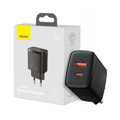 Picture of Baseus Compact Quick Charger 20W With Dual Port U+C Fast Charging Wall Adapter EU Plug For iP 20W (Without Cable)