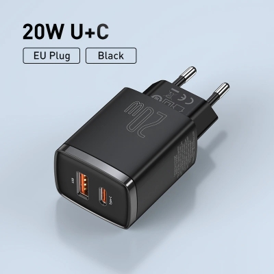 Picture of Baseus Compact Quick Charger 20W With Dual Port U+C Fast Charging Wall Adapter EU Plug For iP 20W (Without Cable)