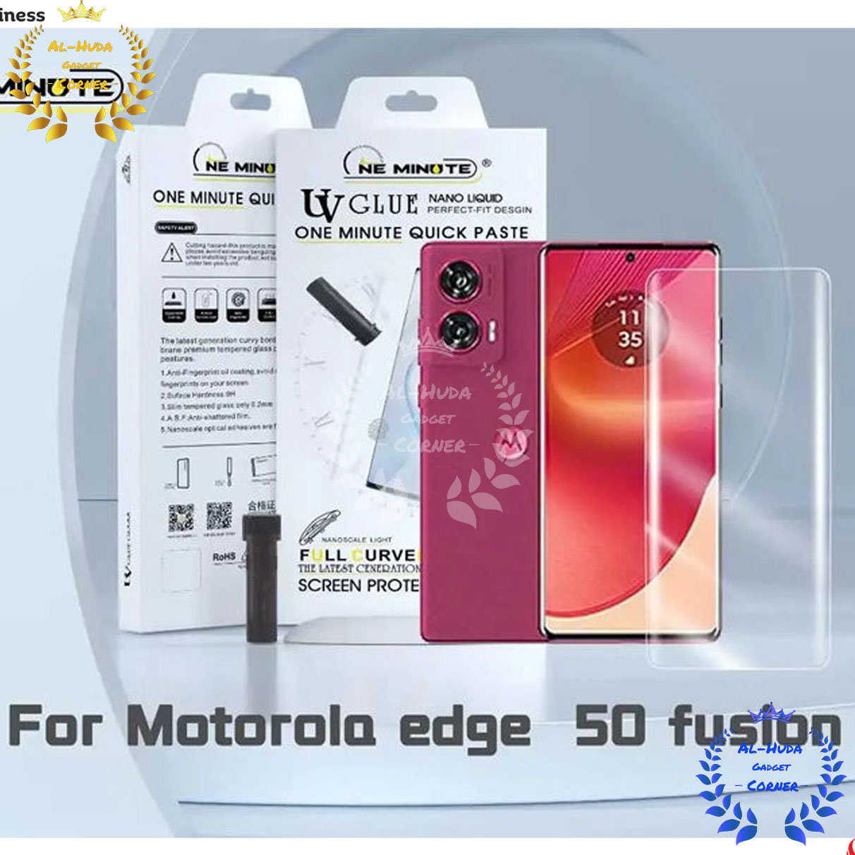 Picture of Premium UV Tempered Glass For Motorola Edge 50 Fusion Screen Protector Curved with Liquid Glue and UV Light -Transparent Clear (Best Quality)