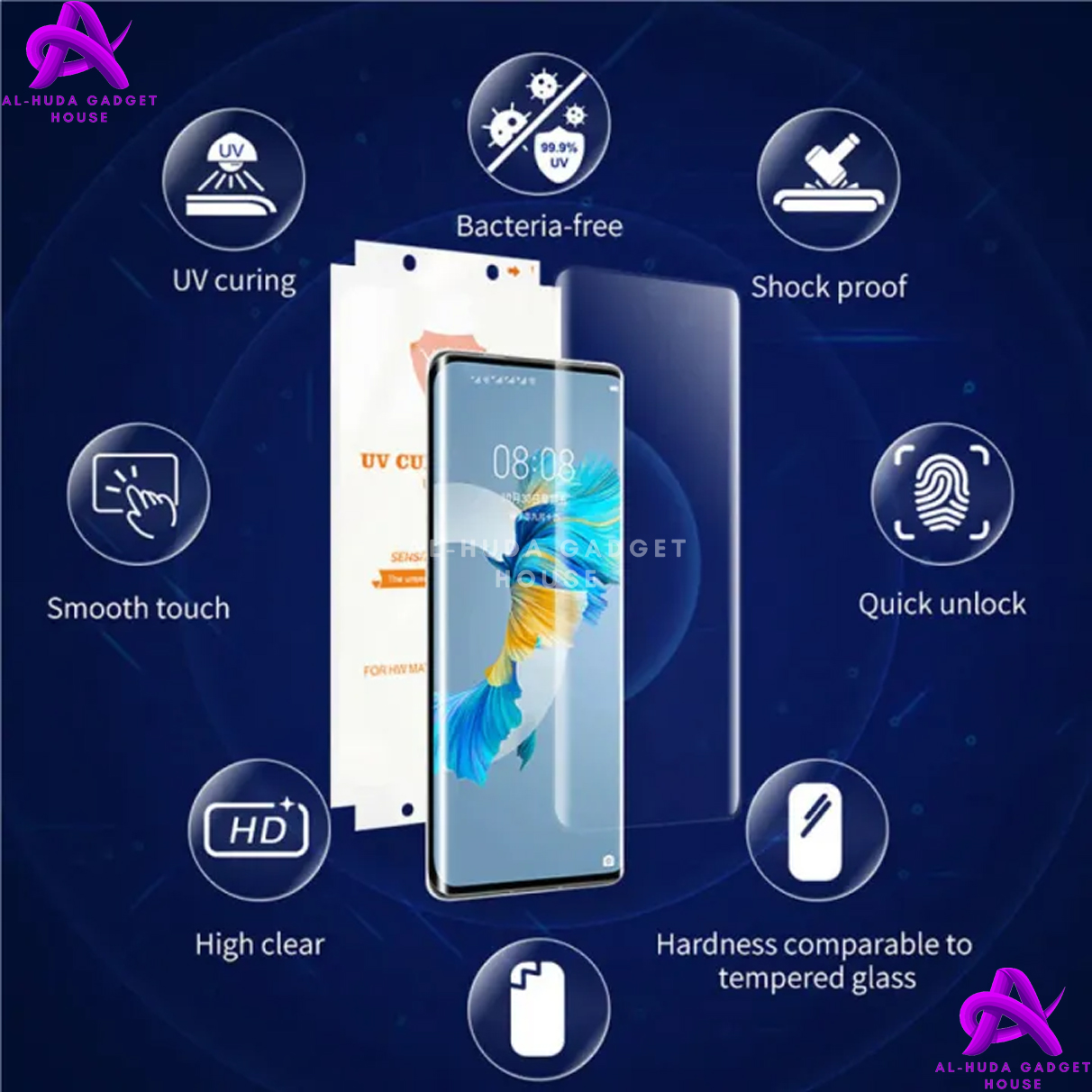 Picture of Premium UV Tempered Glass For Honor 200 5G Screen Protector Curved with Liquid Glue and UV Light -Transparent Clear