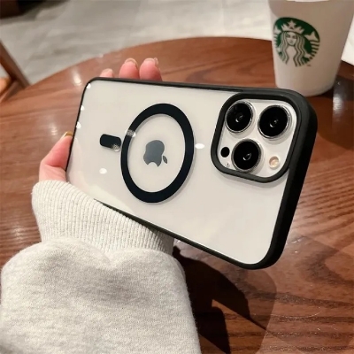Picture of Transparent Q series Magnetic Phone Case with Box for Magsafe Wireless Charging iPhone x/xs to 15 pro max Mobile -Black Cases