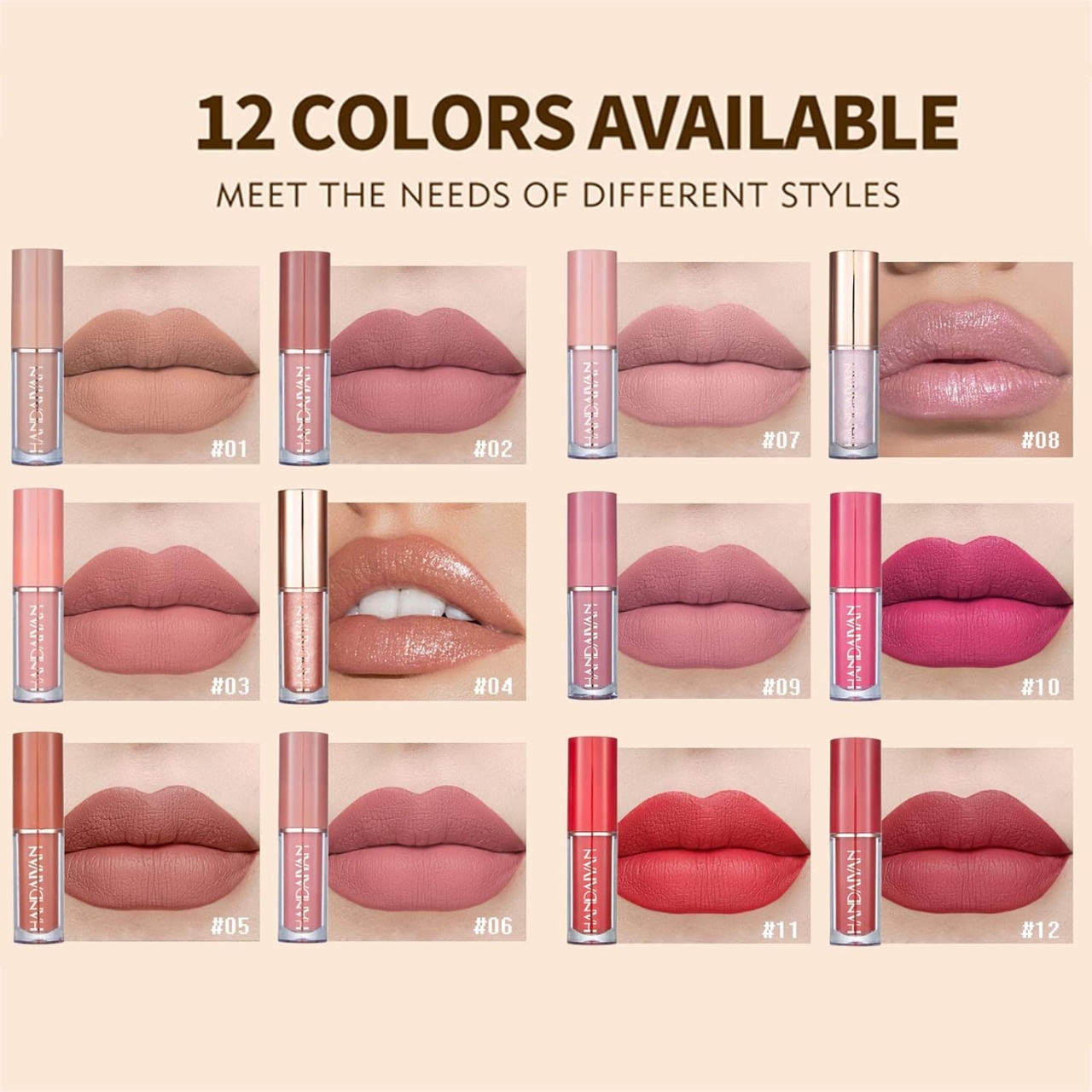 Handaiyan 12 Color Matte Liquid Lipstick Set Long-Lasting Smudge Proof 2.5ml Lip Gloss Set Matte Pearlescent Non-Sticky Lip Glaze Lipstick 