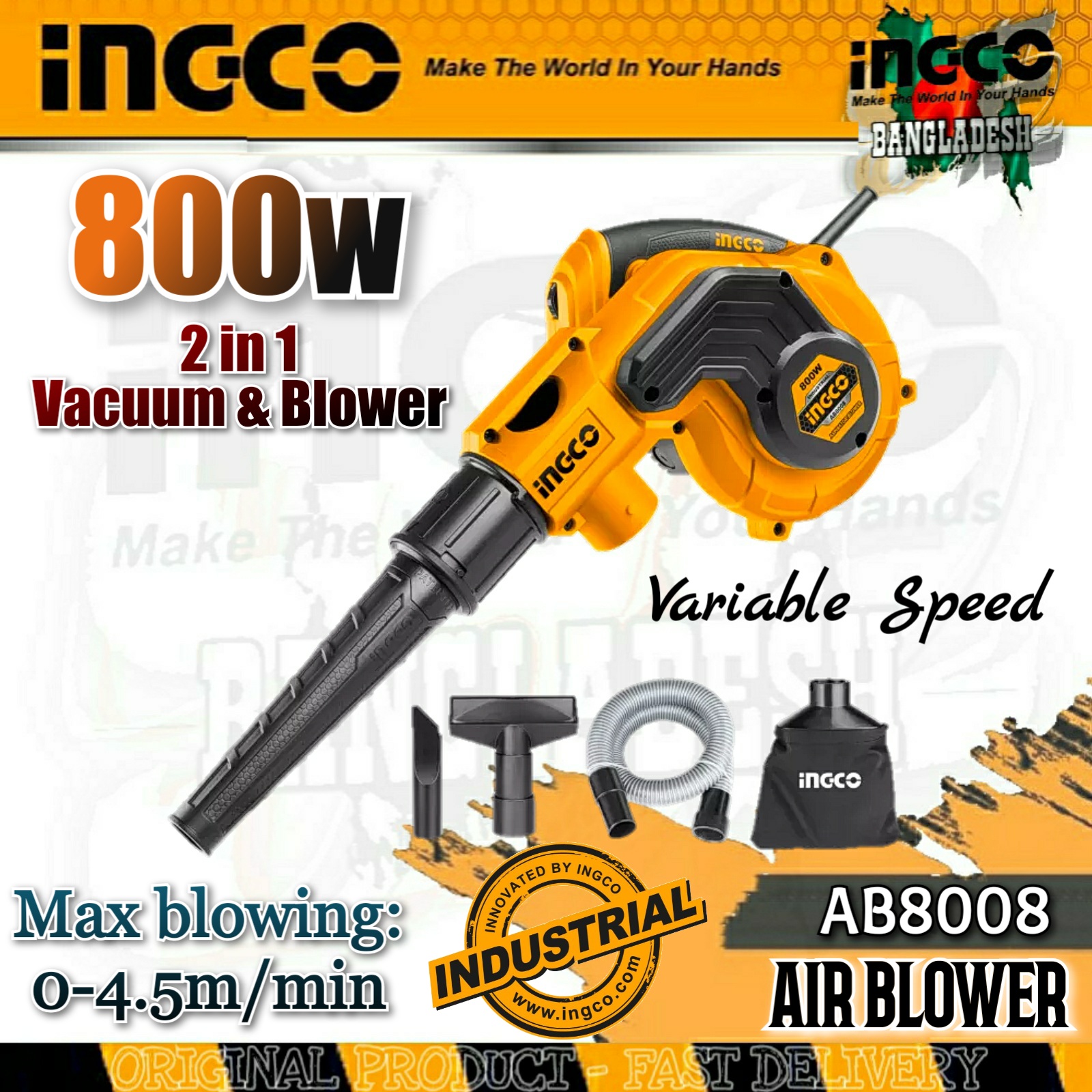 Picture of INGCO 800watt Blower+Vacuum High Pressure 2 in1 Air Blower & Vacuum Dust Cleaning Machine