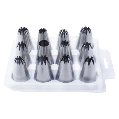 Picture of 12 Piece Cake Decorating Set Frosting Icing Piping Bag Tips with Steel Nozzles Re-usable & Washable
