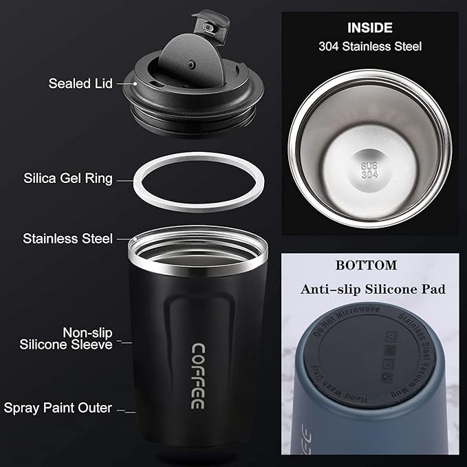 Picture of 17oz Travel Mug, 510ml Insulated Coffee Mug Spill, Stainless Steel Vacuum Tumbler, Big Water Bottle with Lid, Double Wall Leak-Proof Thermos for Keep Hot/Ice Coffee,Tea, Black