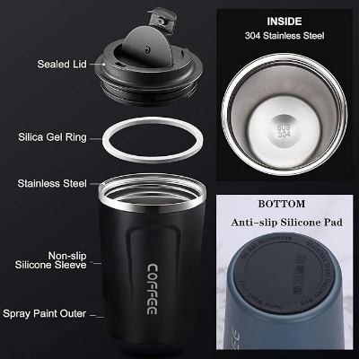 Picture of 17oz Travel Mug, 510ml Insulated Coffee Mug Spill, Stainless Steel Vacuum Tumbler, Big Water Bottle with Lid, Double Wall Leak-Proof Thermos for Keep Hot/Ice Coffee,Tea, Black