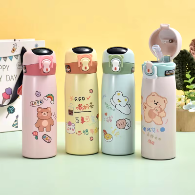 Picture of Cute Bear Thermal Water Bottle for Kids,Smart Display,Thermometer,Mug with Straw,Stainless Steel Insulated Cup,500ml