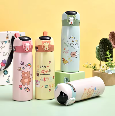 Picture of Cute Bear Thermal Water Bottle for Kids,Smart Display,Thermometer,Mug with Straw,Stainless Steel Insulated Cup,500ml