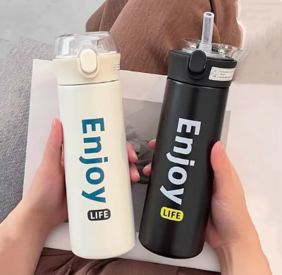 Picture of Portable Stainless Steel Vacuum Flask with Straw, Thermos Flask for Students, Thermal Water Bottle, Tumbler, 350ml