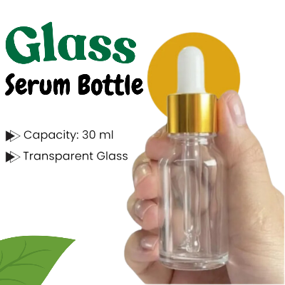 Picture of 30ml Clear Transparent Glass Dropper Bottle with Golden White Cap - Perfect for Essential Oils, Face & Beauty Serums