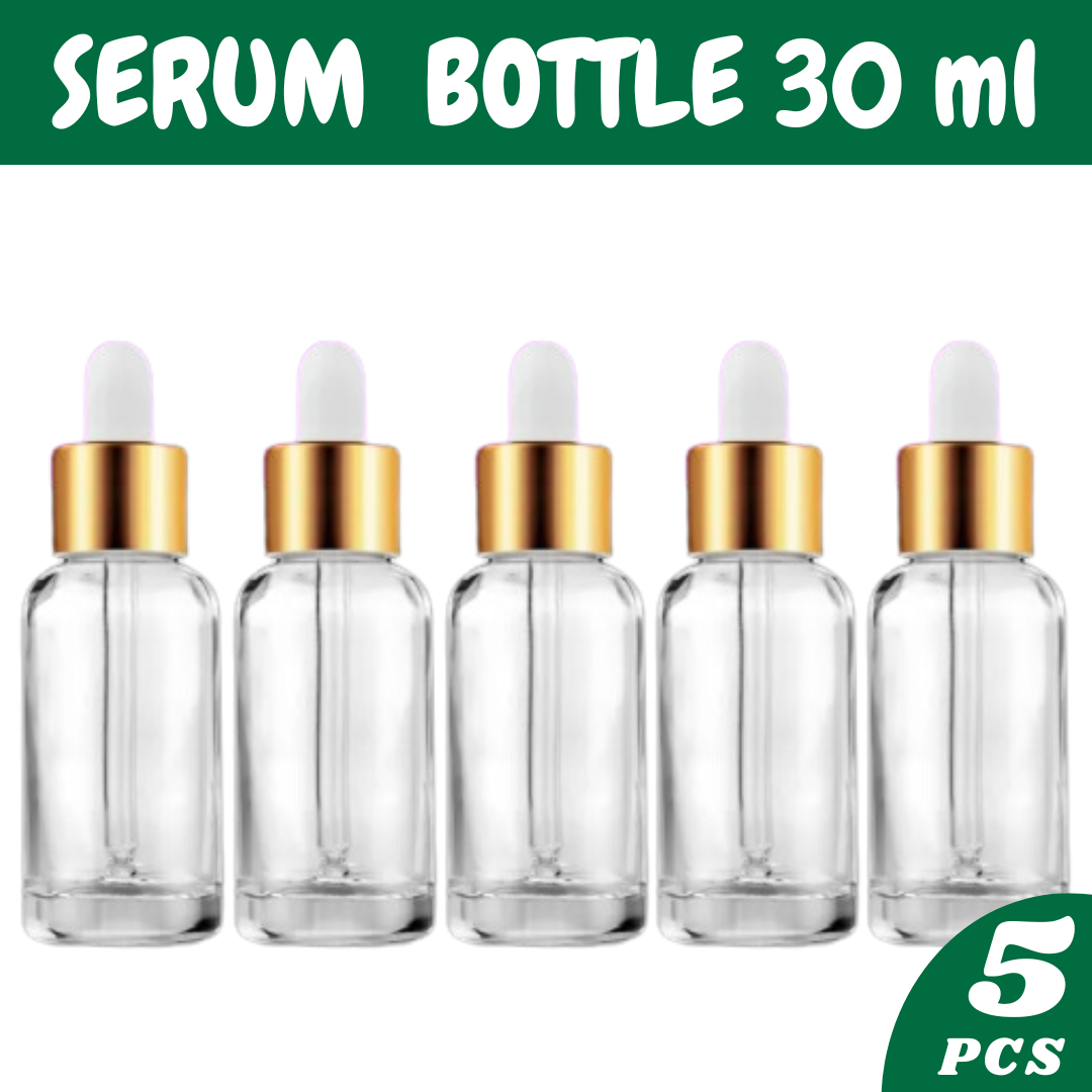 Picture of Reusable 30ml Clear Transparent Glass Serum Bottle with Gold Dropper Cap - Perfect for Essential Oils, Face & Beauty Serums- 5 pcs