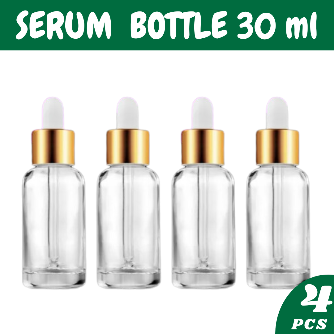 Picture of Reusable 30ml Clear Transparent Glass Serum Bottle with Gold Dropper Cap - Perfect for Essential Oils, Face & Beauty Serums- 4 pcs