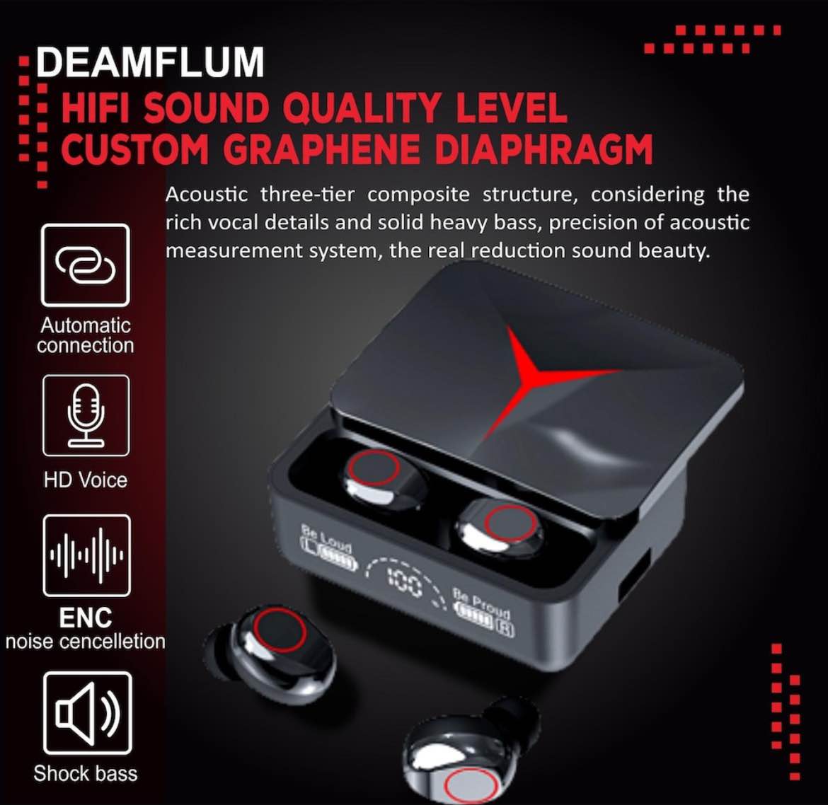 Picture of M90 Pro Wireless Bluetooth Earbuds with Touch Control and Dual LED Charging Display, 140H Playtime Headphones with Noise Cancellation Gaming TWS (Black, 1 Pair)