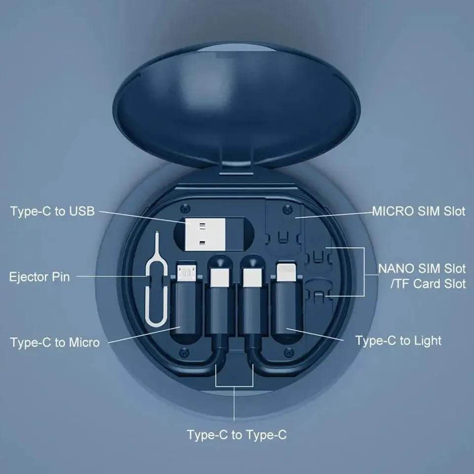 Picture of 5-in-1 Multi-Type Phone Micro USB Type Fast Charging Data Cable Set for Apple, Android, Type C Charging with Retrieve Card Pin, Round Storage Box