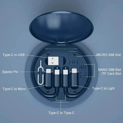 Picture of 5-in-1 Multi-Type Phone Micro USB Type Fast Charging Data Cable Set for Apple, Android, Type C Charging with Retrieve Card Pin, Round Storage Box