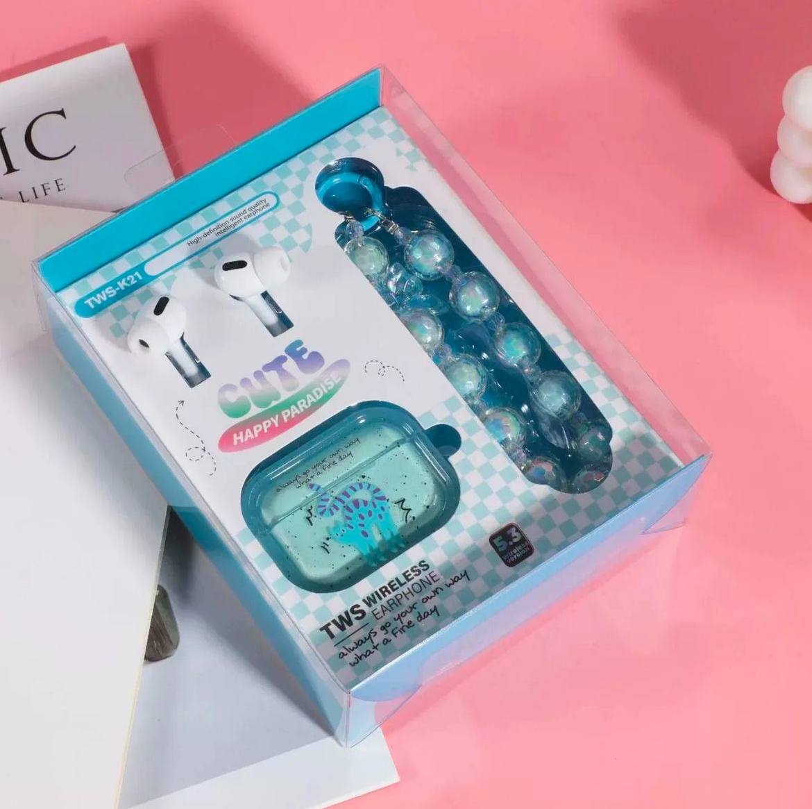 Picture of New Jelly Cat Colorful Earphones Protective Case Creative Beaded Chain TWS In-Ear Wireless Bluetooth Earphones