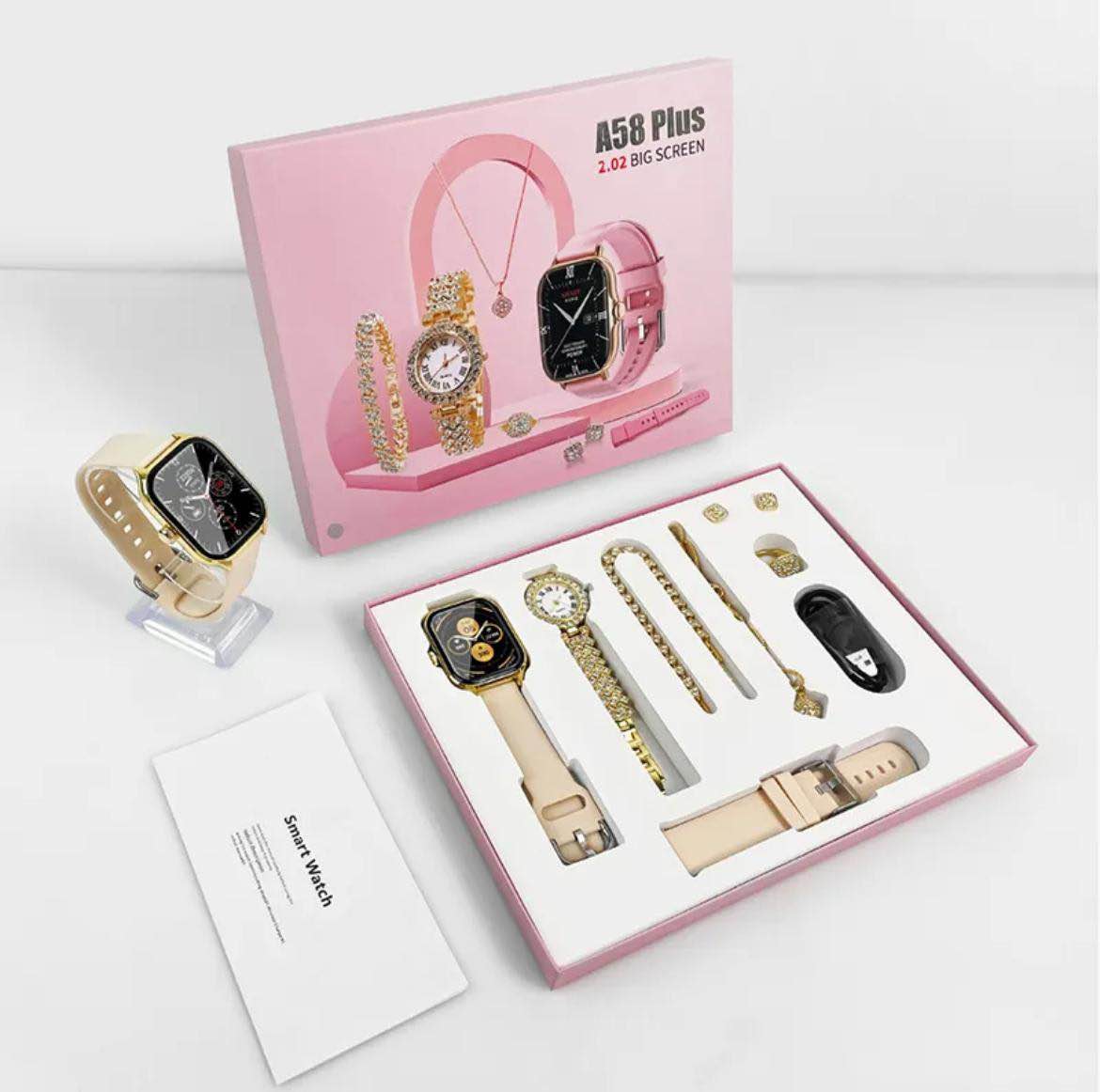 Picture of A58 Plus Smartwatch 2.02 Inch Big Screen A58+ 8 in 1 kit Ladies Gold Watch Smart Watch With Jewelry For Women