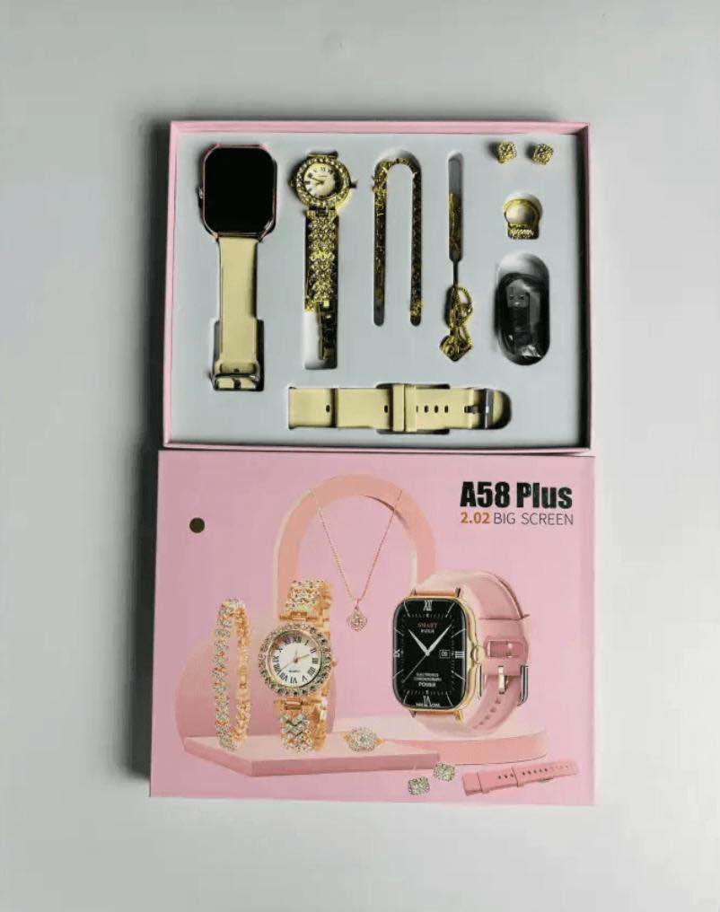 Picture of A58 Plus Smartwatch 2.02 Inch Big Screen A58+ 8 in 1 kit Ladies Gold Watch Smart Watch With Jewelry For Women