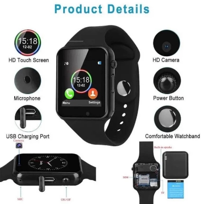 Picture of A1 Bluetooth Smart Watch with Camera, SIM Slot, Pedometer, Sleep Monitor, Music, Facebook, WhatsApp, 1.54-Inch Touch Screen, Supports Micro SIM and TF Card Slot, 16CM-23CM Wrist Size