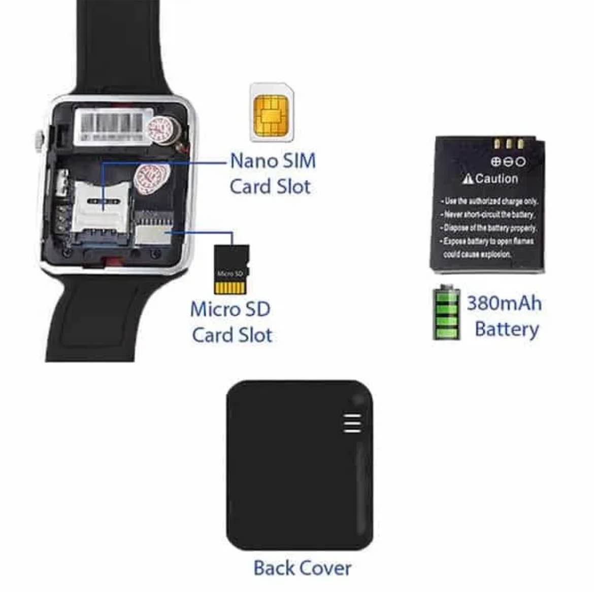Picture of A1 Bluetooth Smart Watch with Camera, SIM Slot, Pedometer, Sleep Monitor, Music, Facebook, WhatsApp, 1.54-Inch Touch Screen, Supports Micro SIM and TF Card Slot, 16CM-23CM Wrist Size