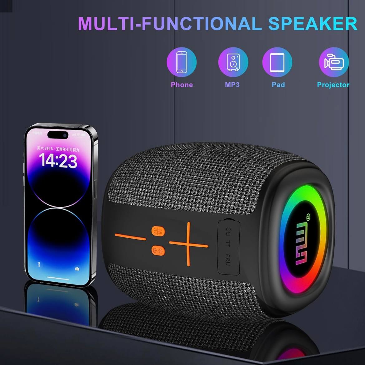 Picture of HM-805 Portable Bluetooth Speaker with RGB Lights, Powerful Crystal Clear Sound, IPX4 Waterproof, Bluetooth 5.3, TWS Paring, FM Radio, Wireless Speaker for Outdoor, Gift Ideas