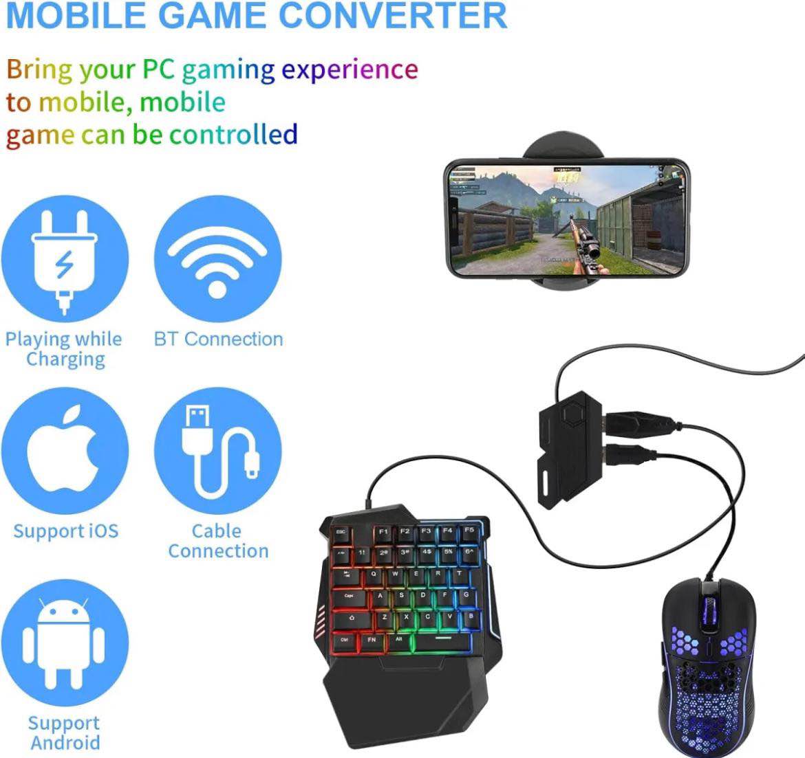 Picture of 5 in 1 Bluetooth Gaming Keyboard Mouse Converter Combo for Smartphone, play your mobile games using the keyboard and the mouse Gaming Accessory Kit  (Multicolor, For Android, iOS)