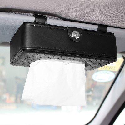 Picture of Car Tissue Holder, Car Sun Visor Napkin Holder, Tissue Paper Holder Dispenser, Napkin Tissue Tray Container,PU Leather Backseat Tissue Paper Box for Car, Black