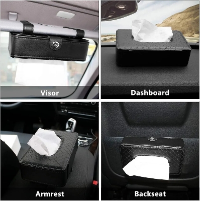 Picture of Car Tissue Holder, Car Sun Visor Napkin Holder, Tissue Paper Holder Dispenser, Napkin Tissue Tray Container,PU Leather Backseat Tissue Paper Box for Car, Black