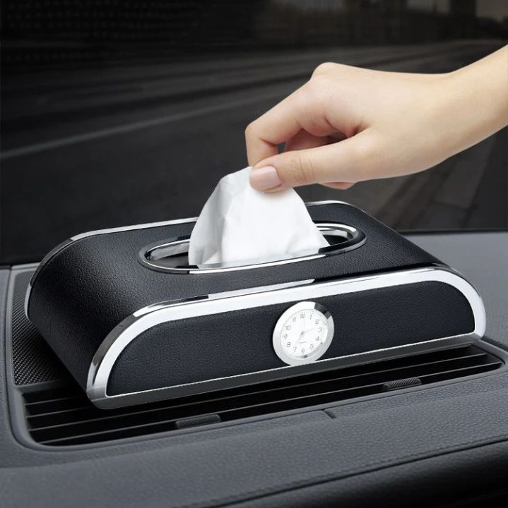 Picture of Car clock car tissue Box Luxury PU Leather Auto Paper Box Holder Cover Case Tray for Home Office Automotive
