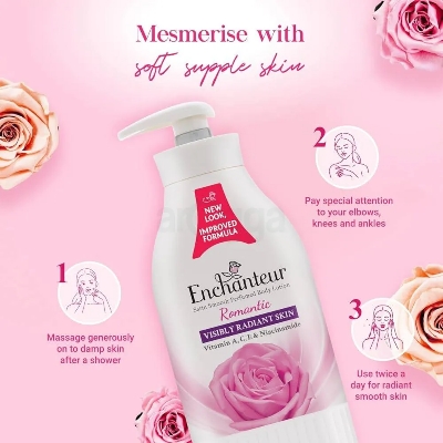 Picture of International Uk Product Enchanteur Perfume body Lotion Romantic Satin smooth Aloe Vera & Olive Butter For used Male/female 500 Ml