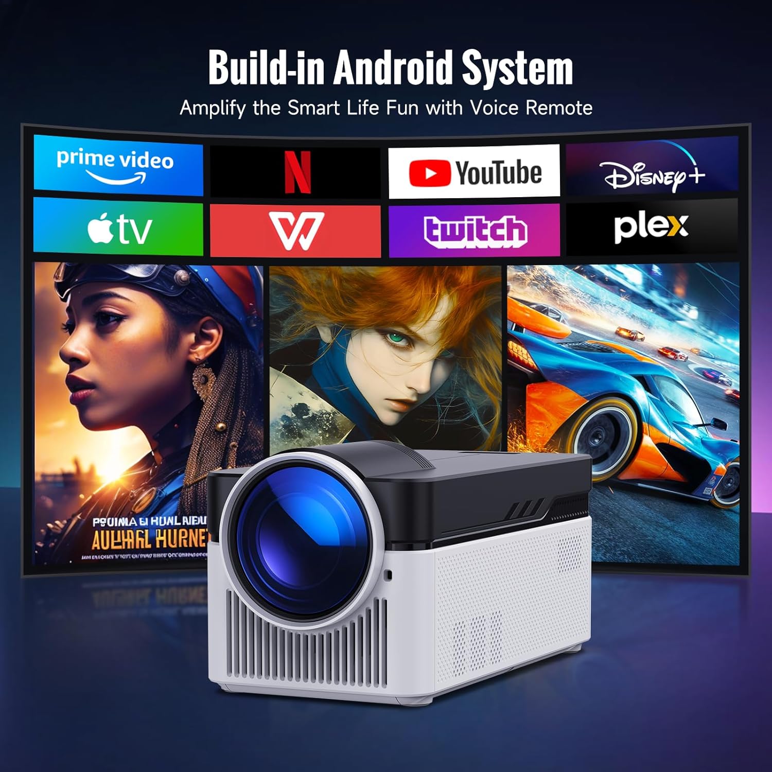Picture of HY450 Pro android smart projector 1080p 8K beamer auto offset projector with wifi 6 electrical focus 700ansi ultra short distance projector 2G+32G memory automatic video projector with portable for outside