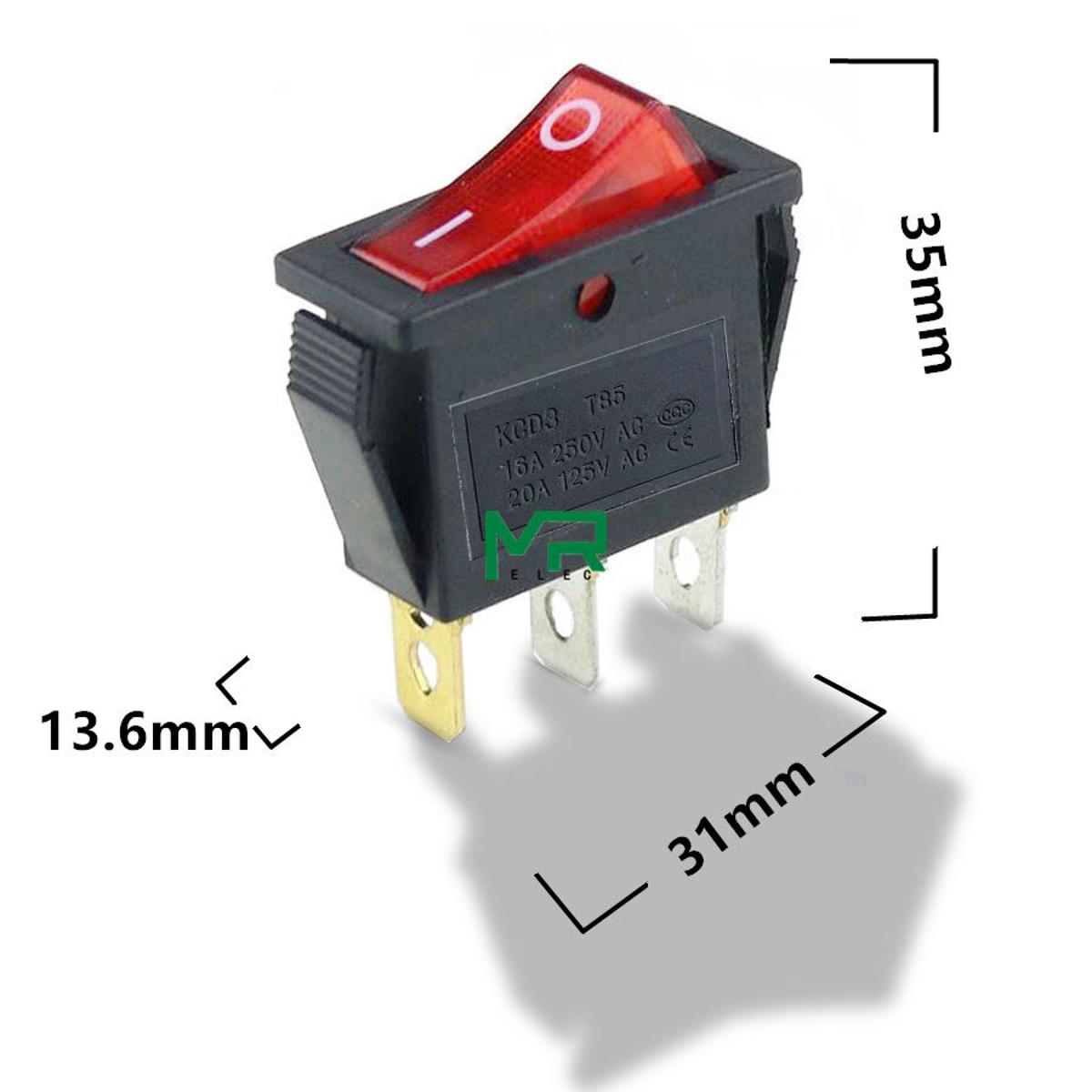 Picture of 1Pcs KCD3 Rocker Switch ON-OFF 2 Position 3 Pin Electrical equipment With Light Power Switch 16A 250VAC/ 20A 125VAC 35mm*31mm*14mm