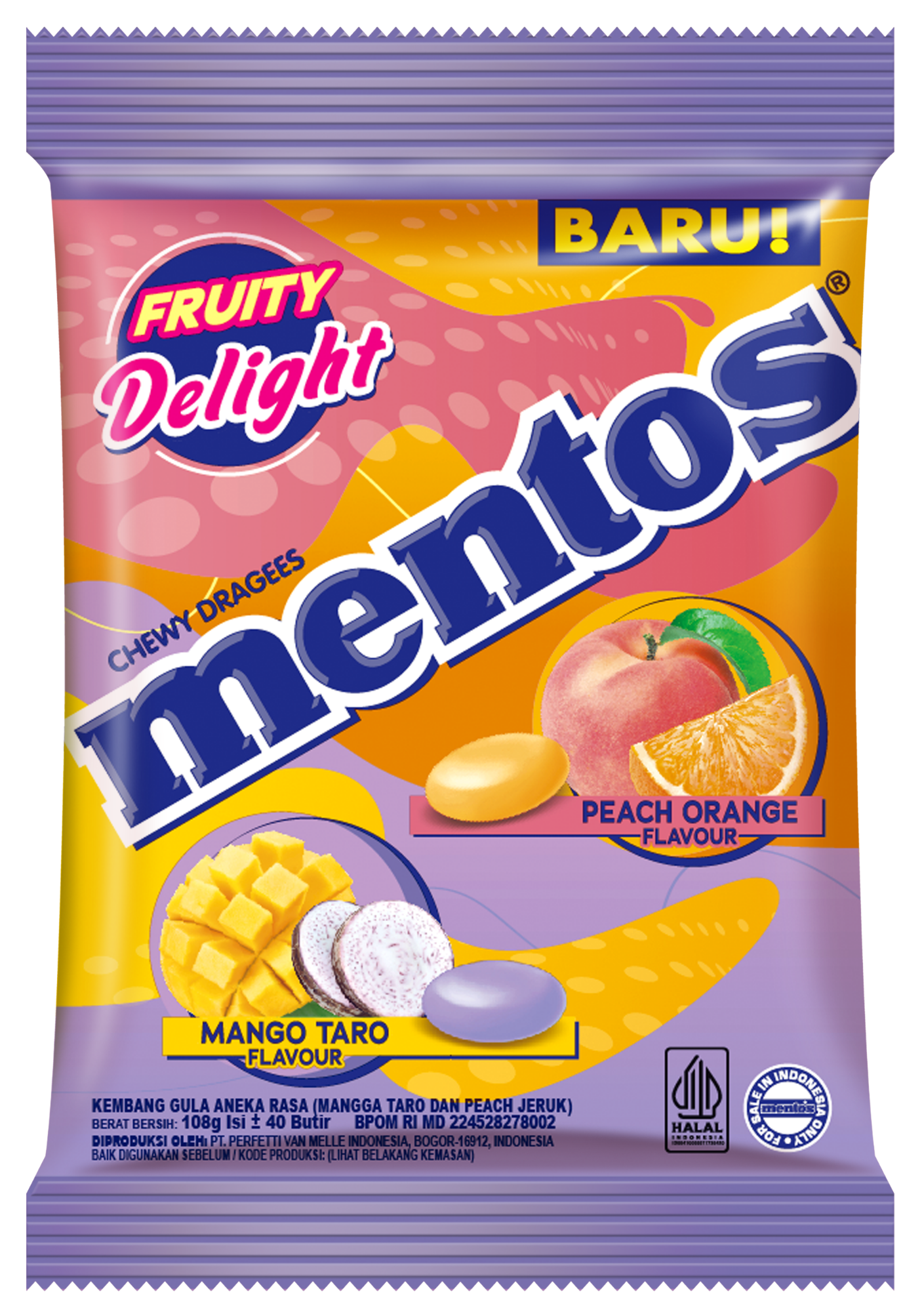 Picture of Mentos Fruit Delight Peach,Orange & Mango/Taro Flavour Chewy Drages 121.5g