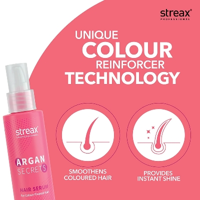 Picture of Streax Professional Argan Secrets Colour Protect Hair Serum for Women | Enriched with Argan Oil & UV Filter | Prevents Frizz | Provides Instant Shine & Smoothness | Enhances Radiance of Hair | 90ml