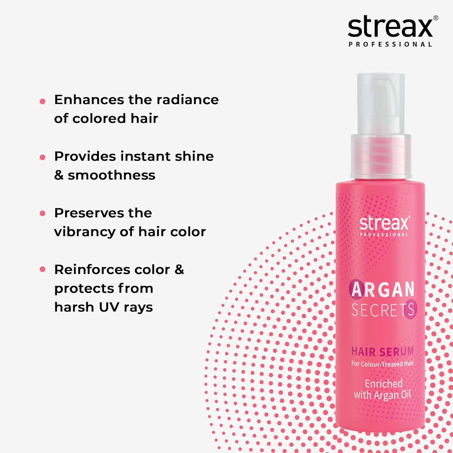 Picture of Streax Professional Argan Secrets Colour Protect Hair Serum for Women | Enriched with Argan Oil & UV Filter | Prevents Frizz | Provides Instant Shine & Smoothness | Enhances Radiance of Hair | 90ml