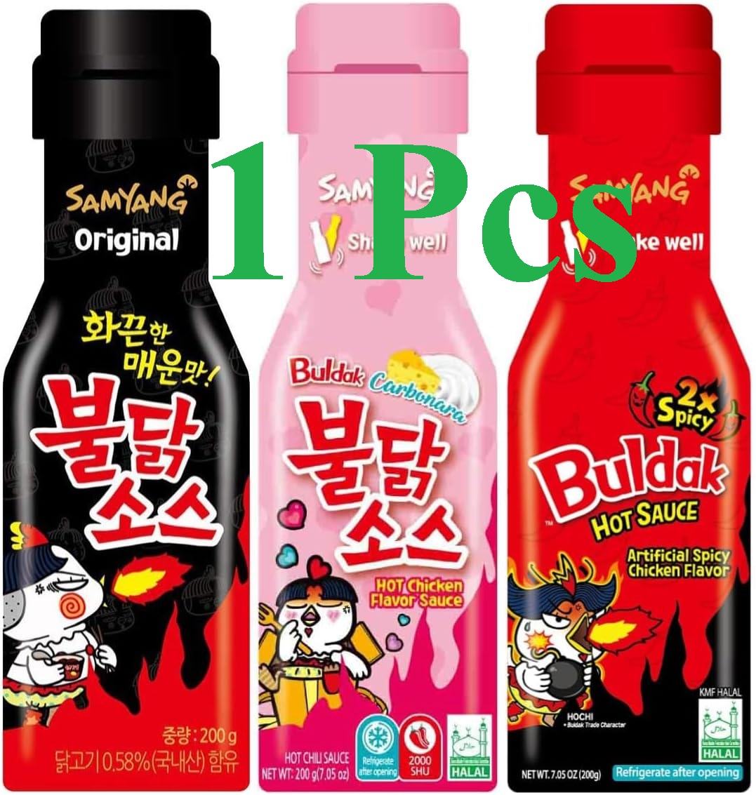 Picture of Samyang Buldak Sauce Hot Sauce Variety Set - Buldak Ramen Carbonara, Hot Sauce Piquante, Hot Chicken Flavor x2 Spicy