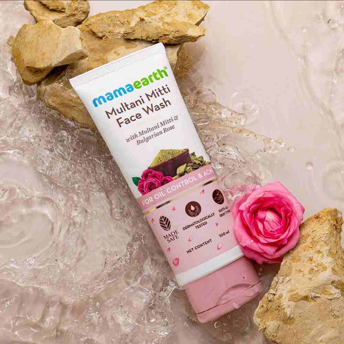 Picture of MAMAEARTH Multani Mitti Face Wash for Acne & Oil Control | Gently Cleanses Sebum & Reduces Acne | Non-Drying Formula | with Bulgarian Rose | 3.38 Fl Oz (100ml)