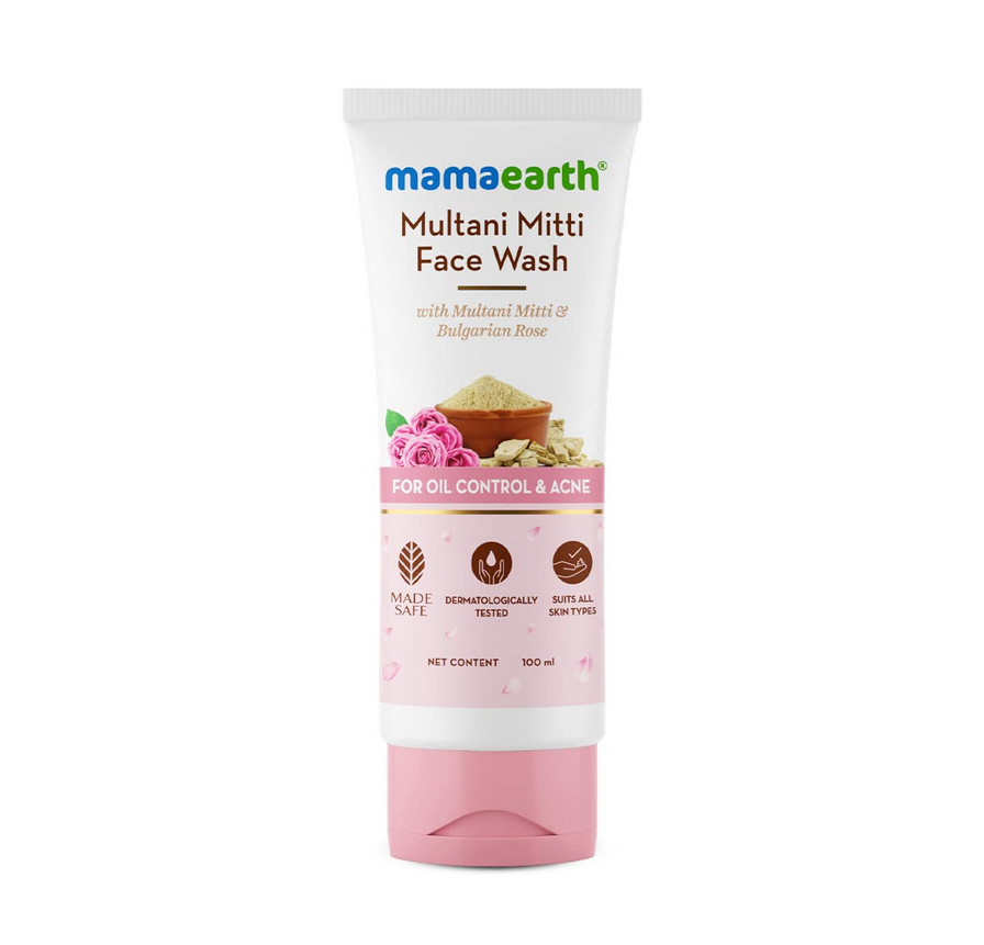 Picture of MAMAEARTH Multani Mitti Face Wash for Acne & Oil Control | Gently Cleanses Sebum & Reduces Acne | Non-Drying Formula | with Bulgarian Rose | 3.38 Fl Oz (100ml)