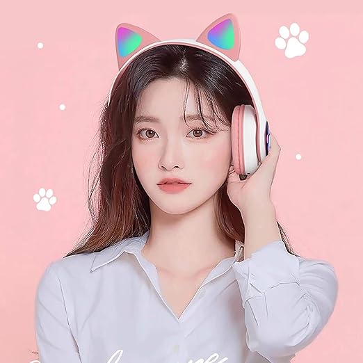 Picture of CAT Over headphone STN-28 Over Ear Music Headset Glowing Cat Ear Headphones Foldable Wireless BT5.0 Earphone with Mic AUX IN TF Card MP3 Player Colorful LED Lights Compatible with PC Laptop Computer