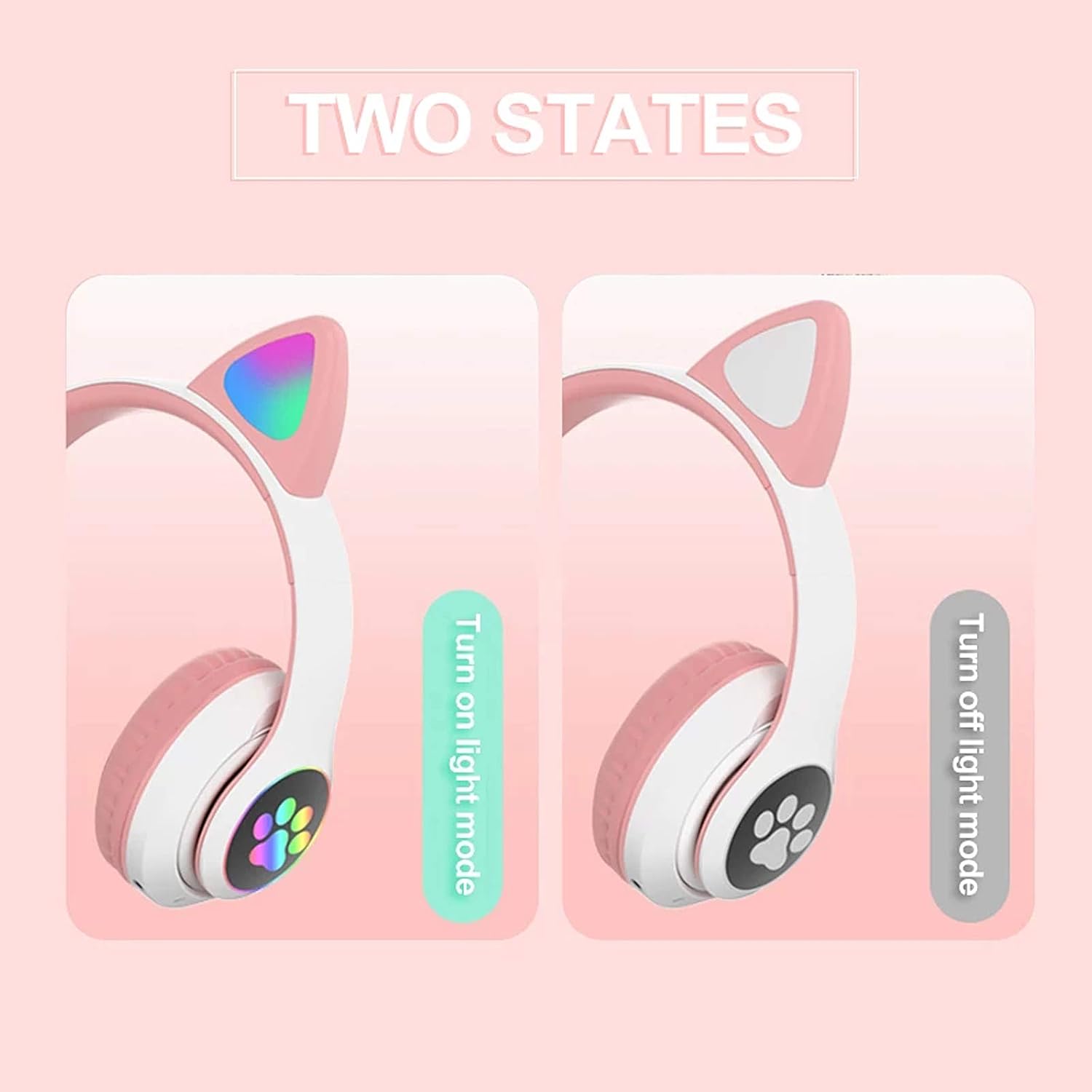Picture of CAT Over headphone STN-28 Over Ear Music Headset Glowing Cat Ear Headphones Foldable Wireless BT5.0 Earphone with Mic AUX IN TF Card MP3 Player Colorful LED Lights Compatible with PC Laptop Computer