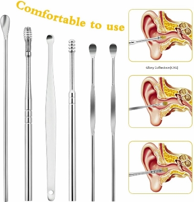 Picture of bottomTagUrl NEW 6pcs Ear Cleaner Wax Removal Tool Earpick Sticks Earwax Remover Curette Ear Pick Set Portable Ear Cleaner Set Stainless Steel With Lather Case - Ear Pick